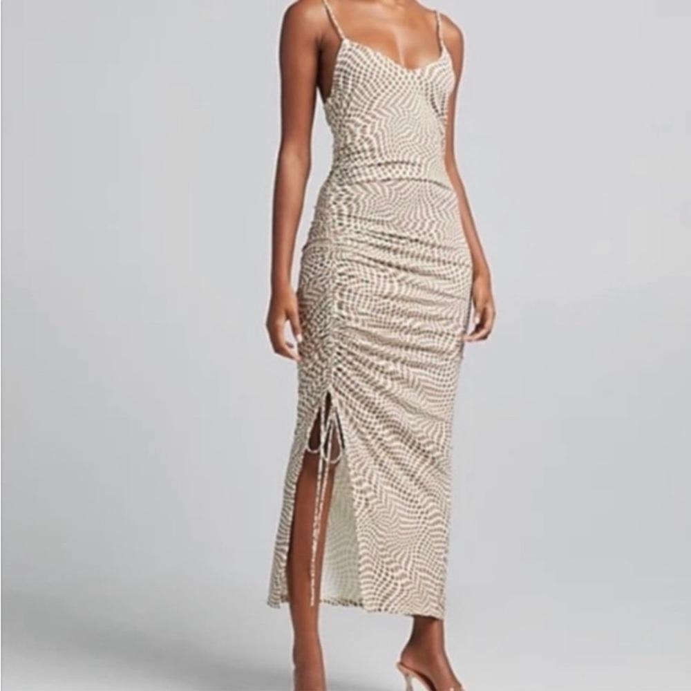 SPAGHETTI STRAP RUCHED PRINTED MAXI DRESS